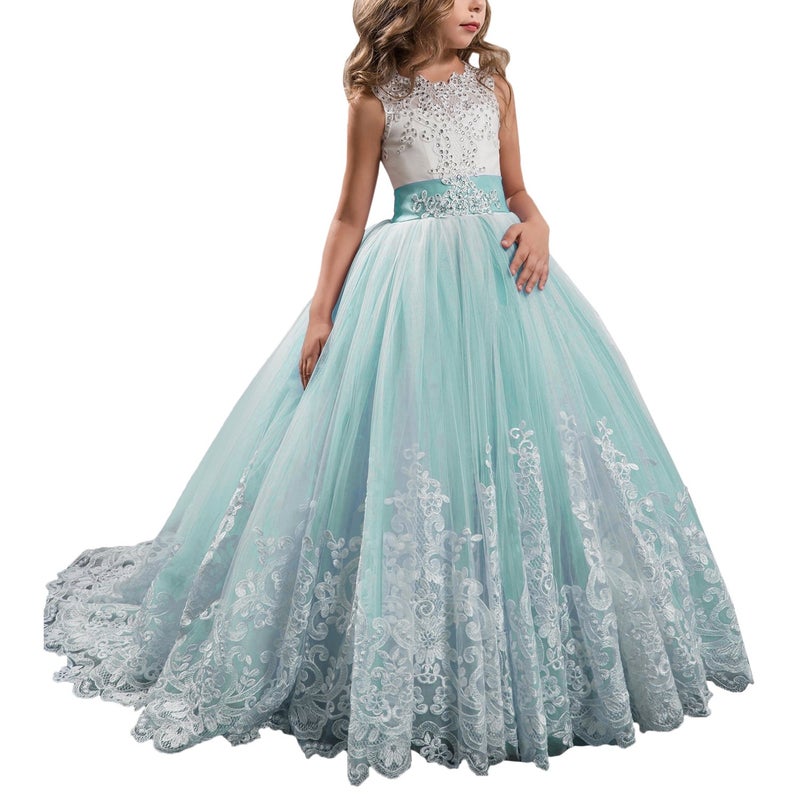 WDE Princess Aqua Long Girls Pageant Dresses Kids Prom Puffy Tulle Ball Gown US 6 - Image 1
